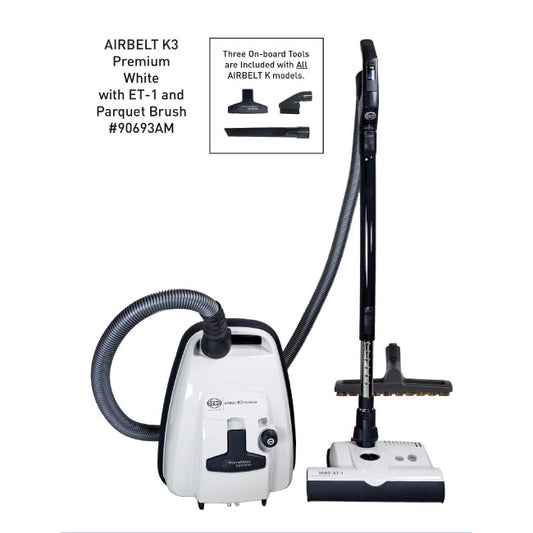 AIRBELT K3 Premium, with dual-control handle, ET-1, and parquet brush (white)