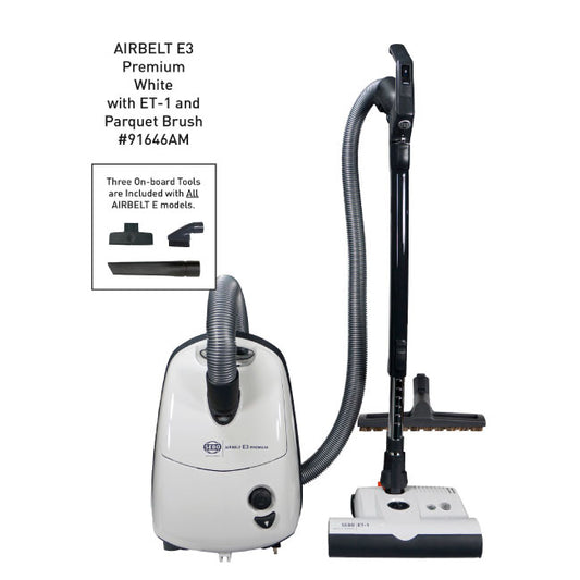 AIRBELT E3 Premium, with dual-control handle, ET-1, and parquet brush (white)