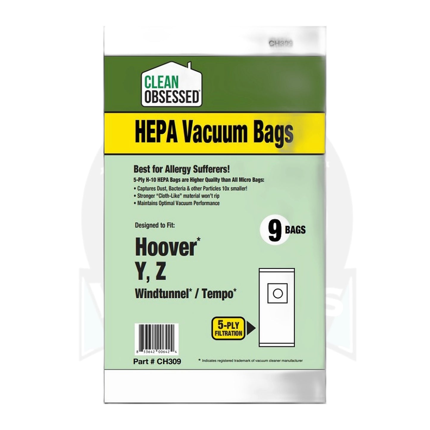 Clean Obsessed Hoover Type Y HEPA Vacuum Bags, 9-Pack (WindTunnel / Tempo)
