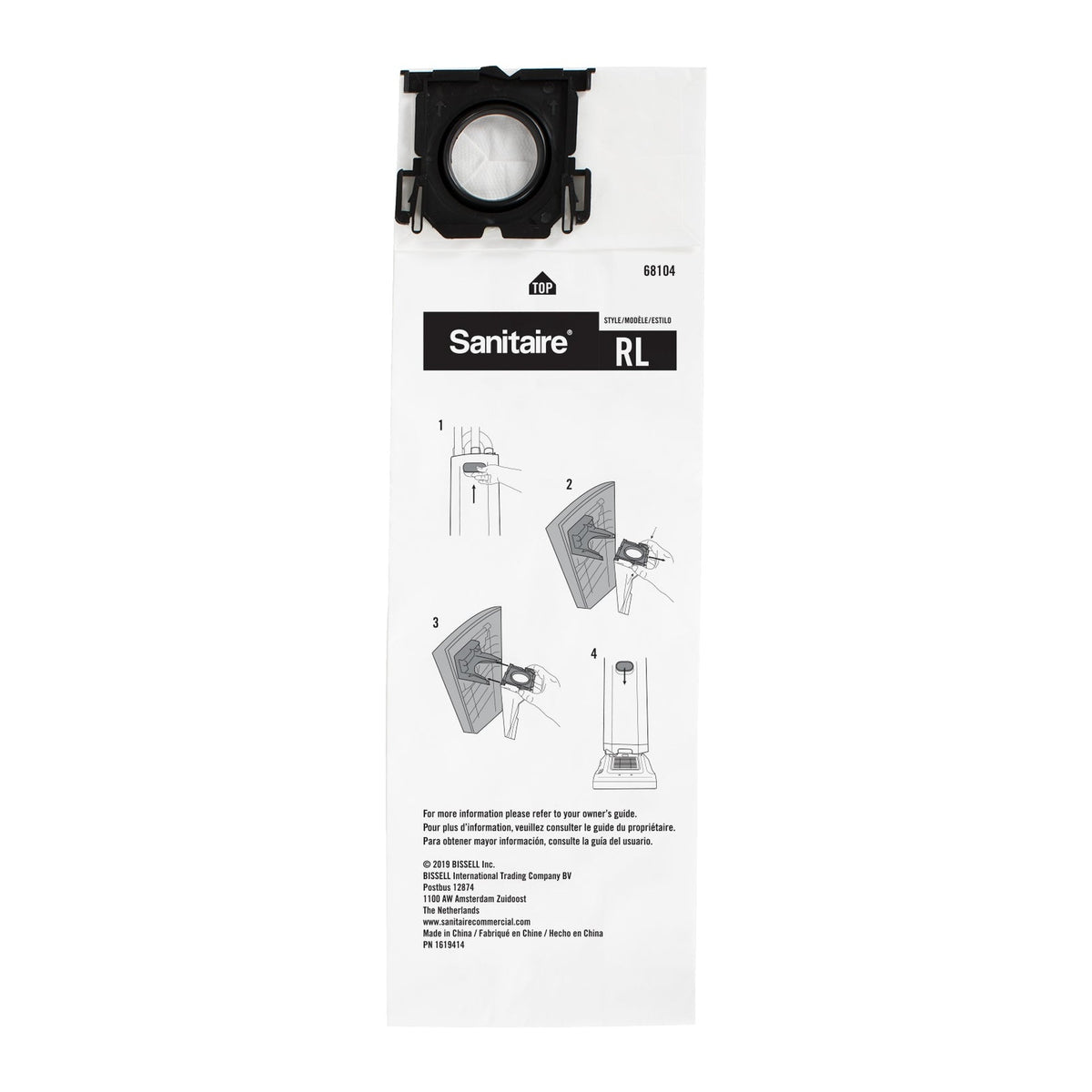 Genuine Sanitaire 68104 Type RL paper vacuum bag; sold as a five-pack with dust caps
