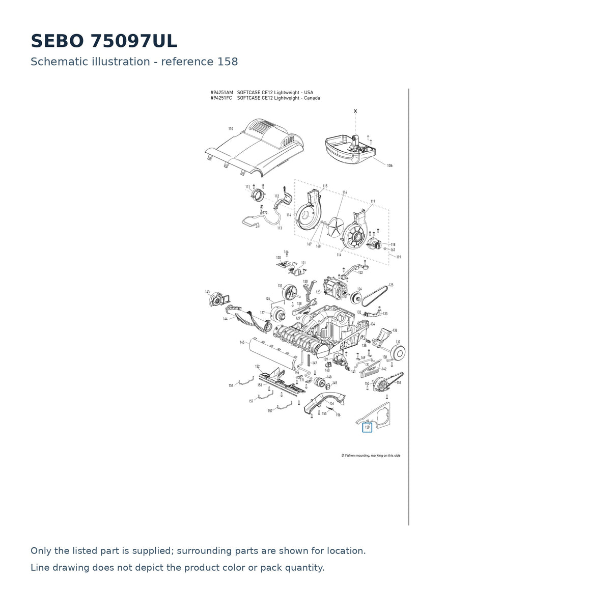 SEBO 75097UL schematic illustration; reference 158; only the listed part supplied