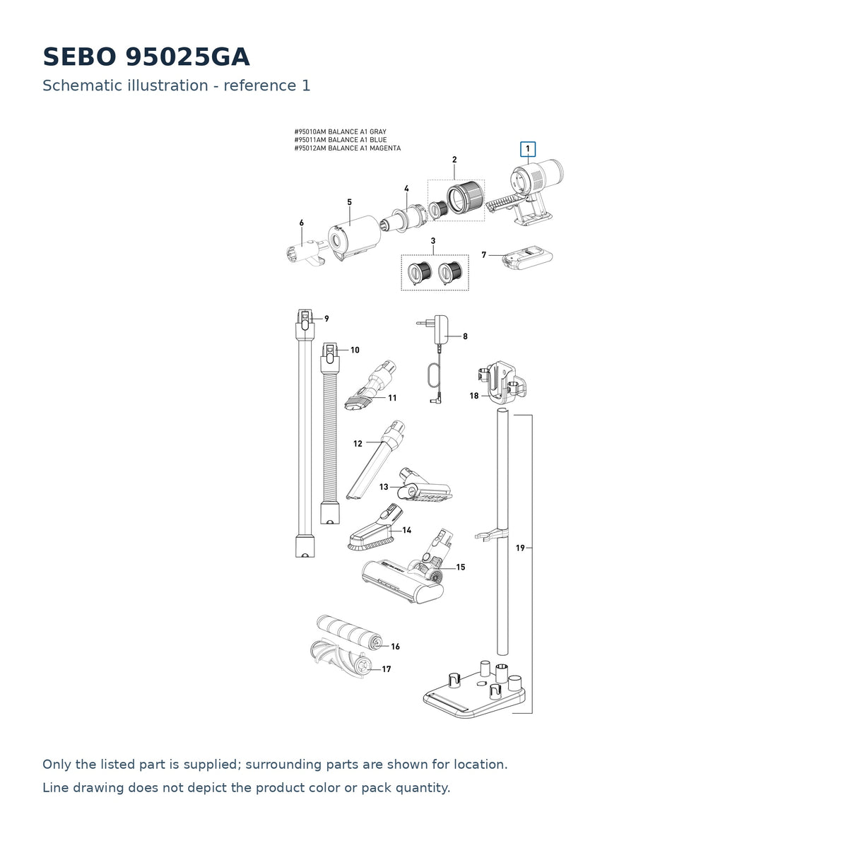 SEBO 95025GA schematic illustration; reference 1; only the listed part supplied
