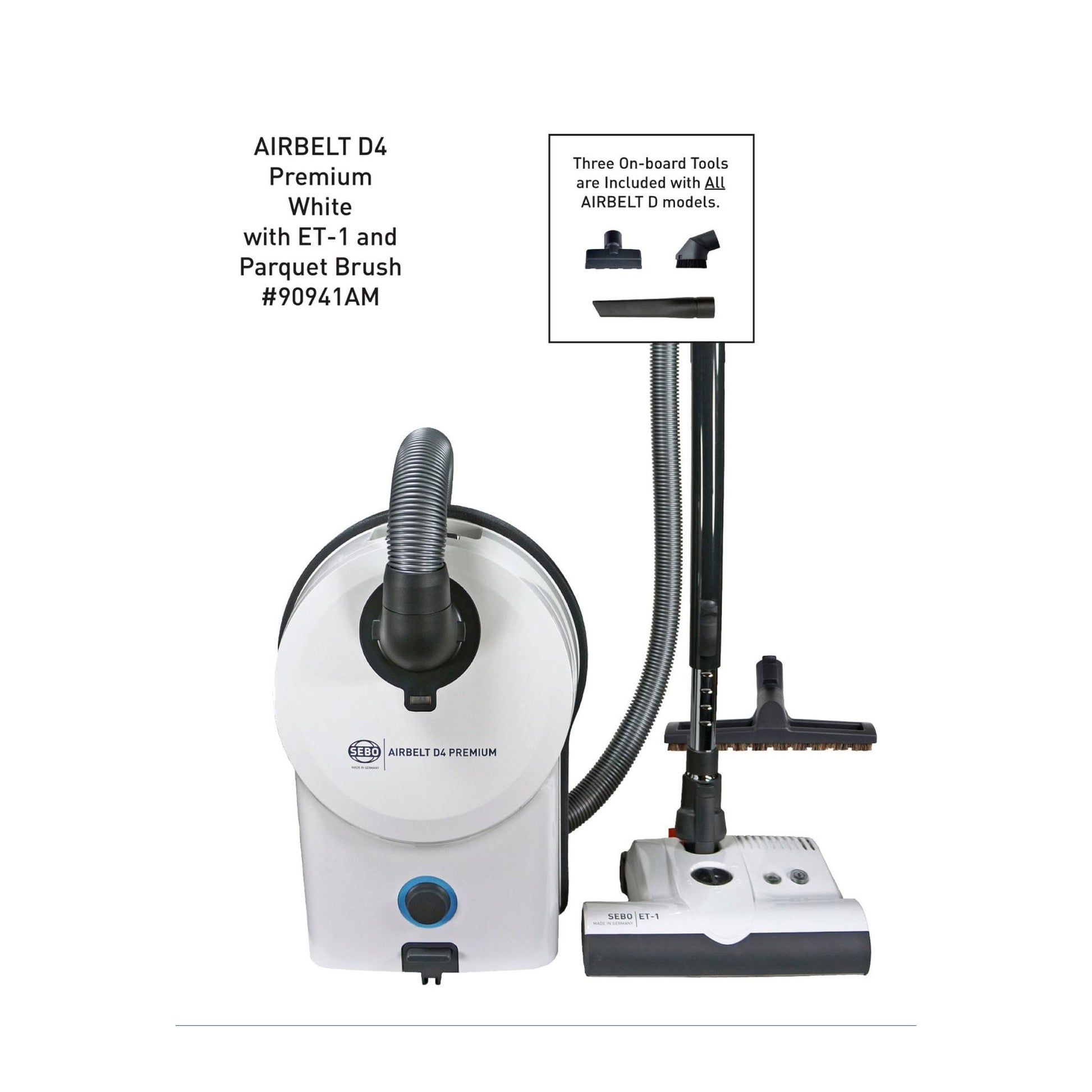 SEBO AIRBELT D4 Premium Canister Vacuum with ET-1 Power Head and Parquet Brush (White)
