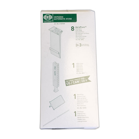 SEBO HEPA Service Box for AUTOMATIC X7 and X8 — 8 Bags, HEPA Microfilter, Exhaust Filter and Sealing Strip