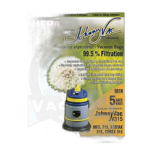 Johnny Vac HEPA Microfilter Bags for JV315, Kodiac 315, Cobex 315, M60 (5-Pack)