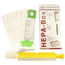 HEPA Service Box X4/X5, X1/X2 (6-piece carton), 8 bags, HEPA microfilter, and exhaust filter