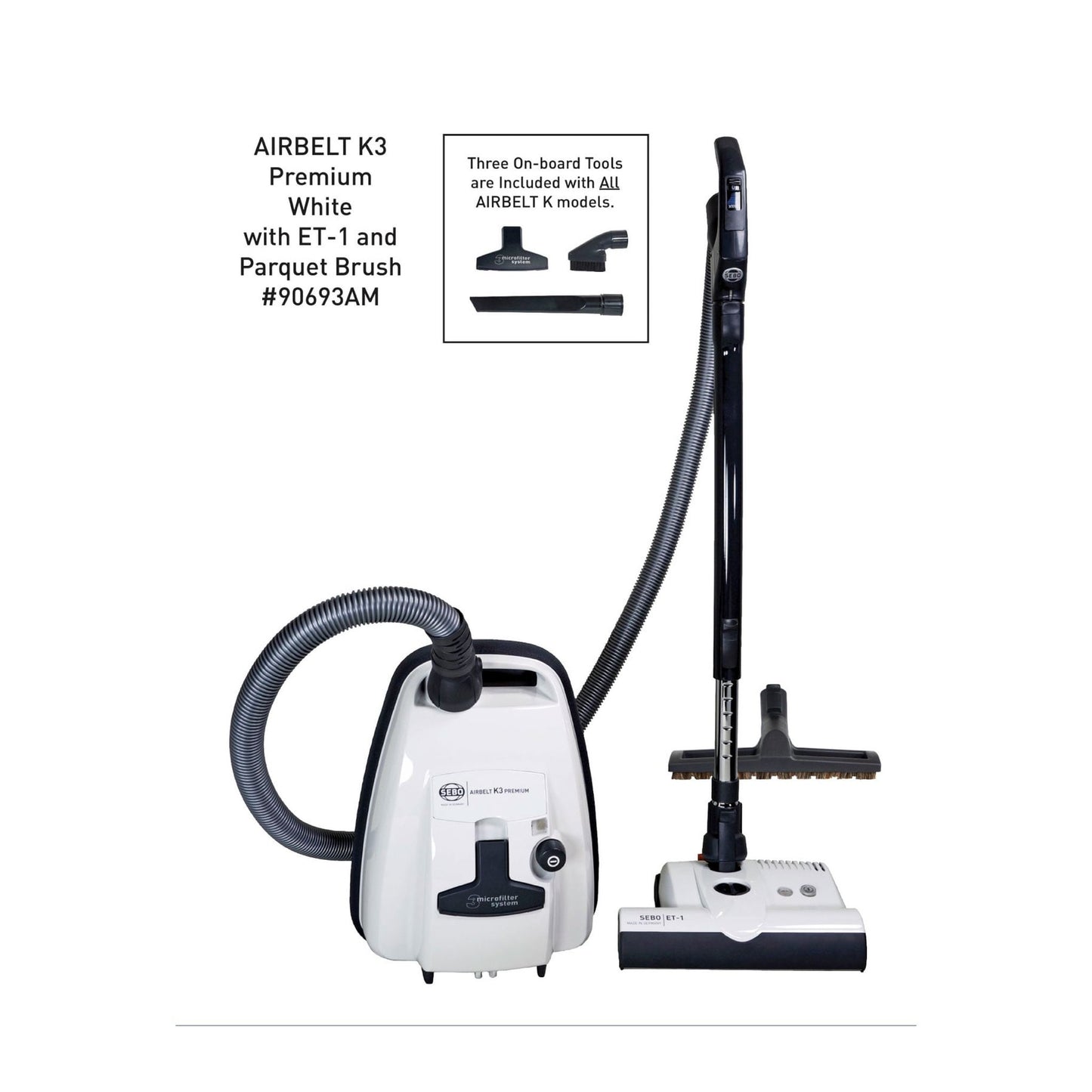 SEBO AIRBELT K3 Premium Canister Vacuum with ET-1 Power Head and Parquet Brush (White)