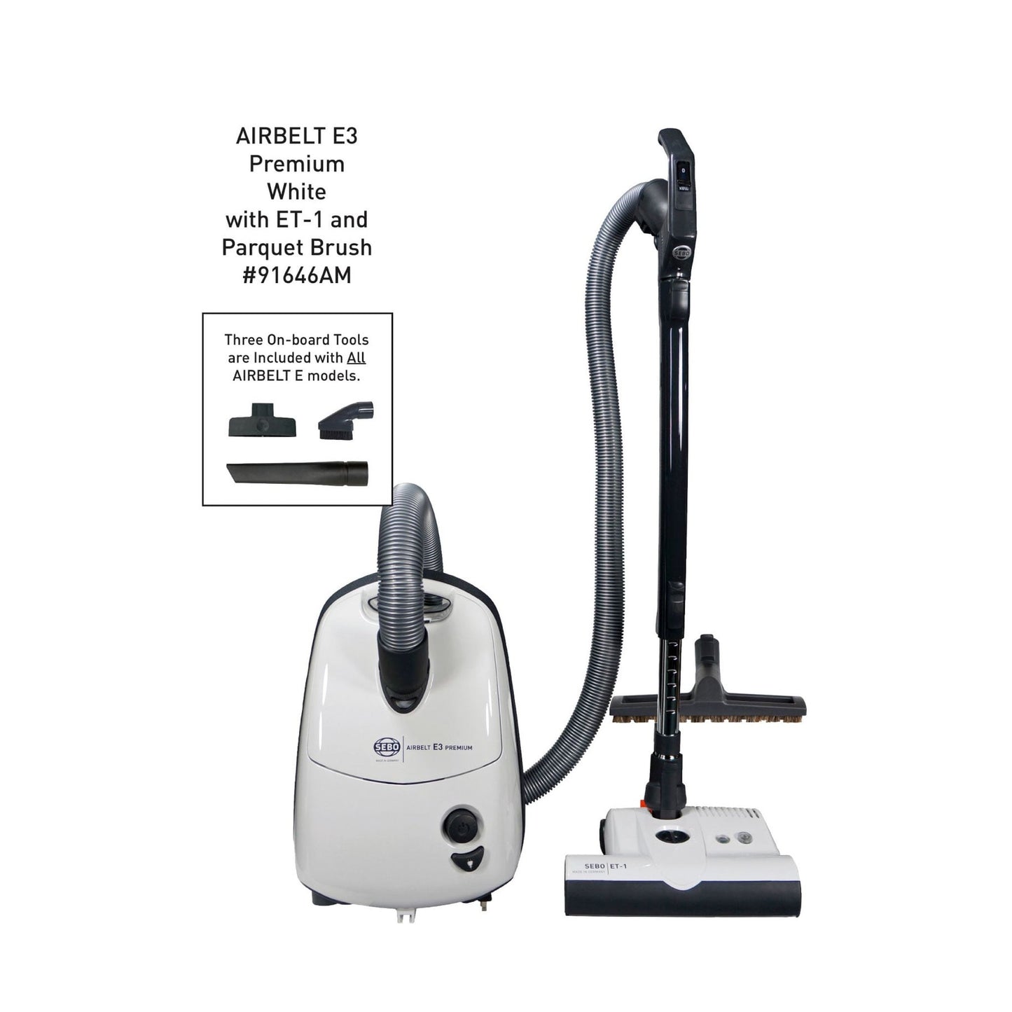 SEBO AIRBELT E1 Kombi Canister Vacuum with Combination Floor Nozzle (White)