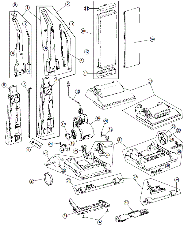 Hoover C1404 Commercial Bagged Upright - Hoover Elite exploded parts diagram