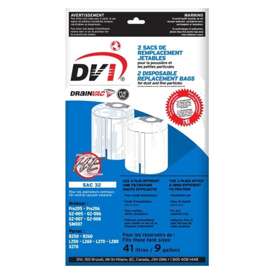 SAC-32 HEPA Central Vacuum 9 Gallon Bags, Top Fill, Pack of 2