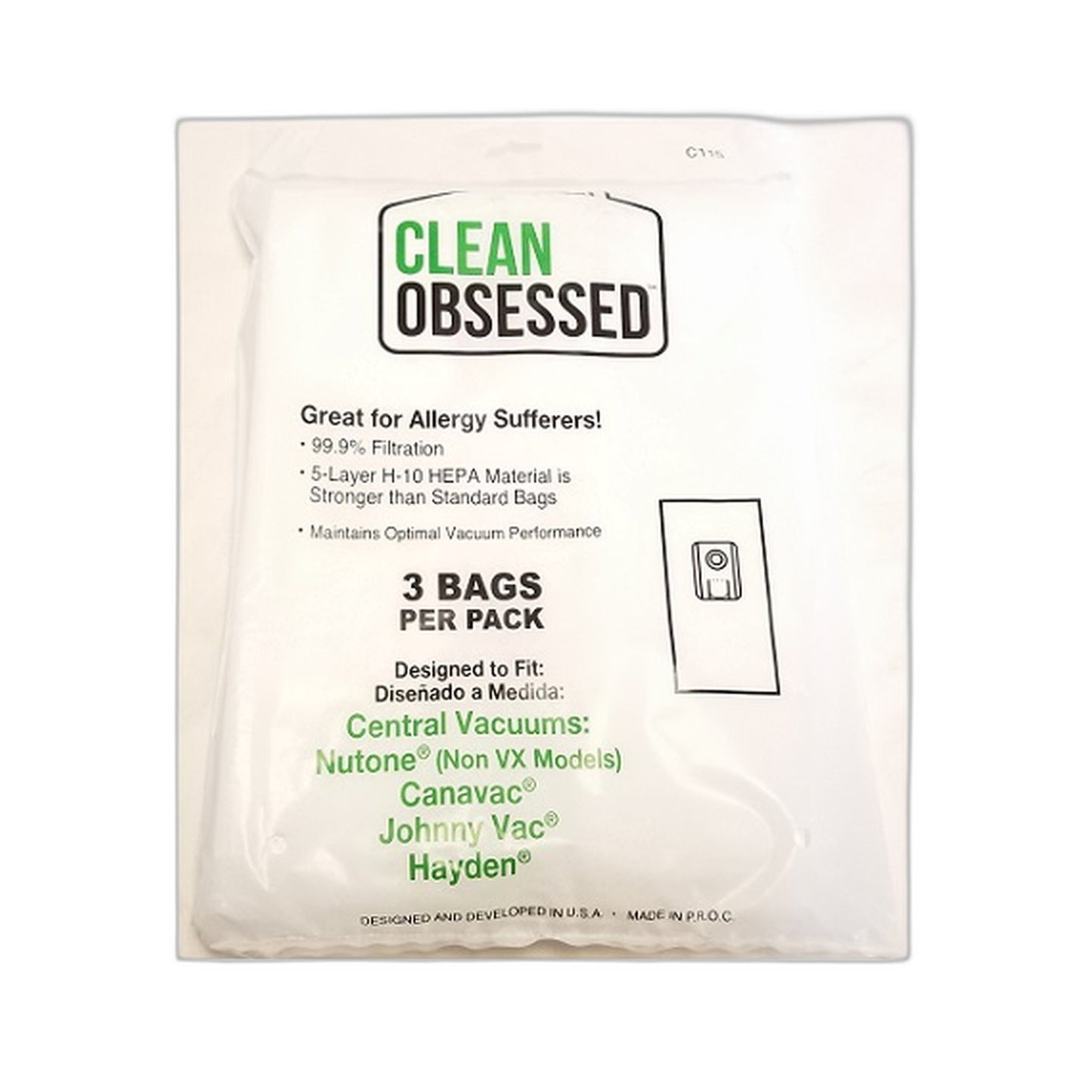 NuTone HEPA Central Vacuum Bags 3-Pack (Fits MD Apex, CanaVac, Hayden)