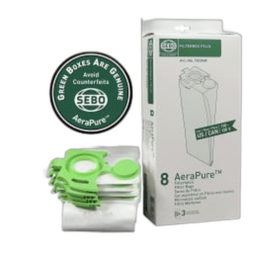 SEBO Filter Bags for FELIX, FELIX 2 and DART Uprights - 8 Pack with Caps