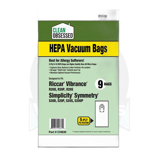 Clean Obsessed Type R20 Riccar Vibrance / Simplicity Symmetry HEPA Bags, 9-Pack