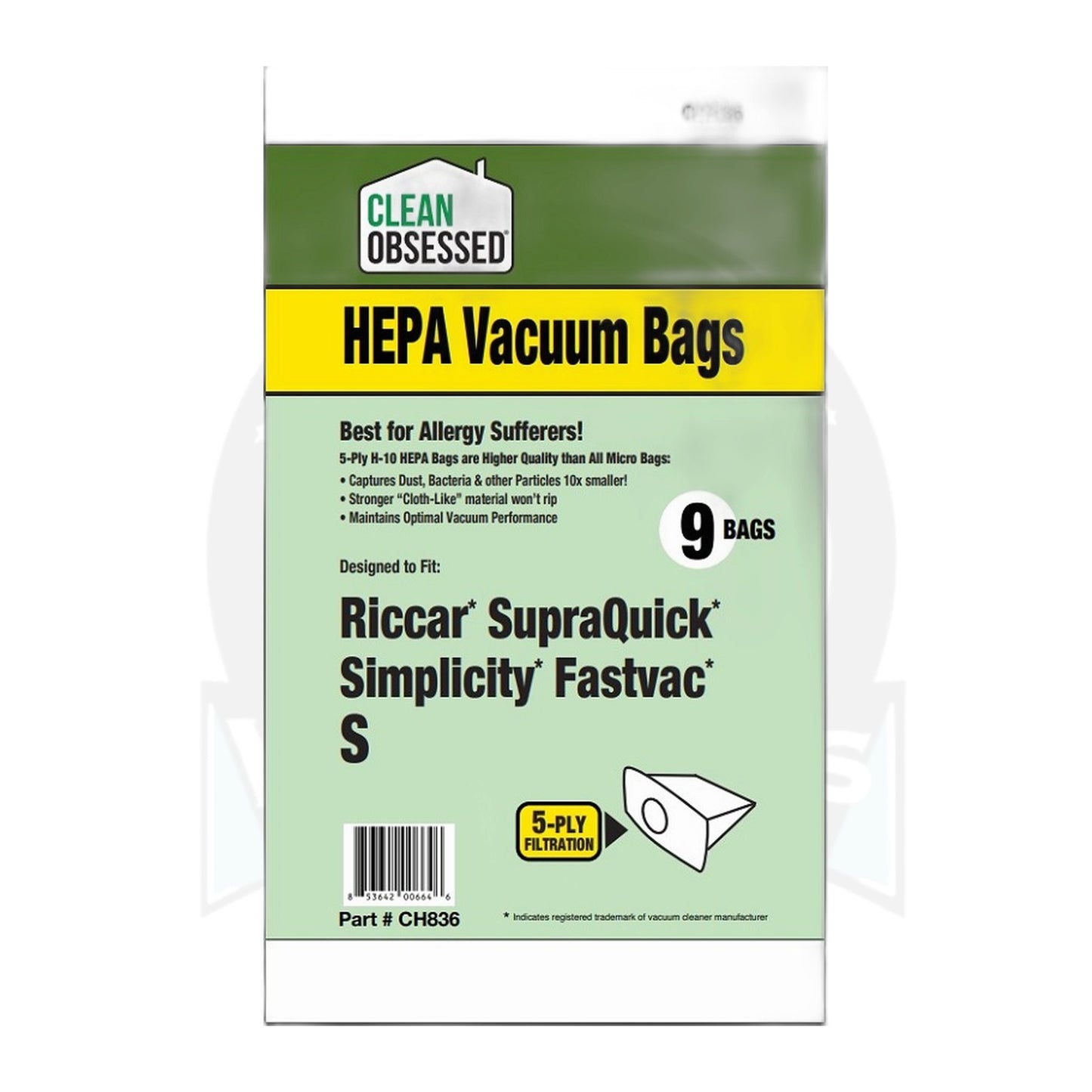 Clean Obsessed Type S HEPA Bags for Riccar SupraLite & Simplicity, 9-Pack