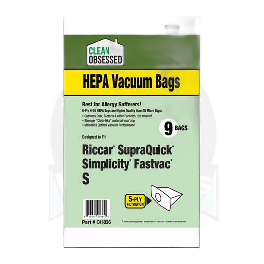 Clean Obsessed Type S HEPA Bags for Riccar SupraLite & Simplicity, 9-Pack