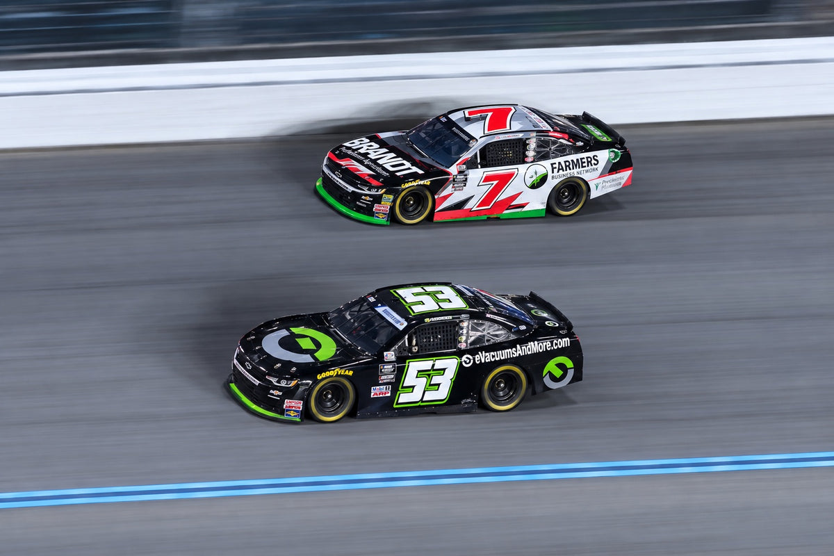 Derek Lemke’s No. 53 race car with Vacuums & More sponsorship on track