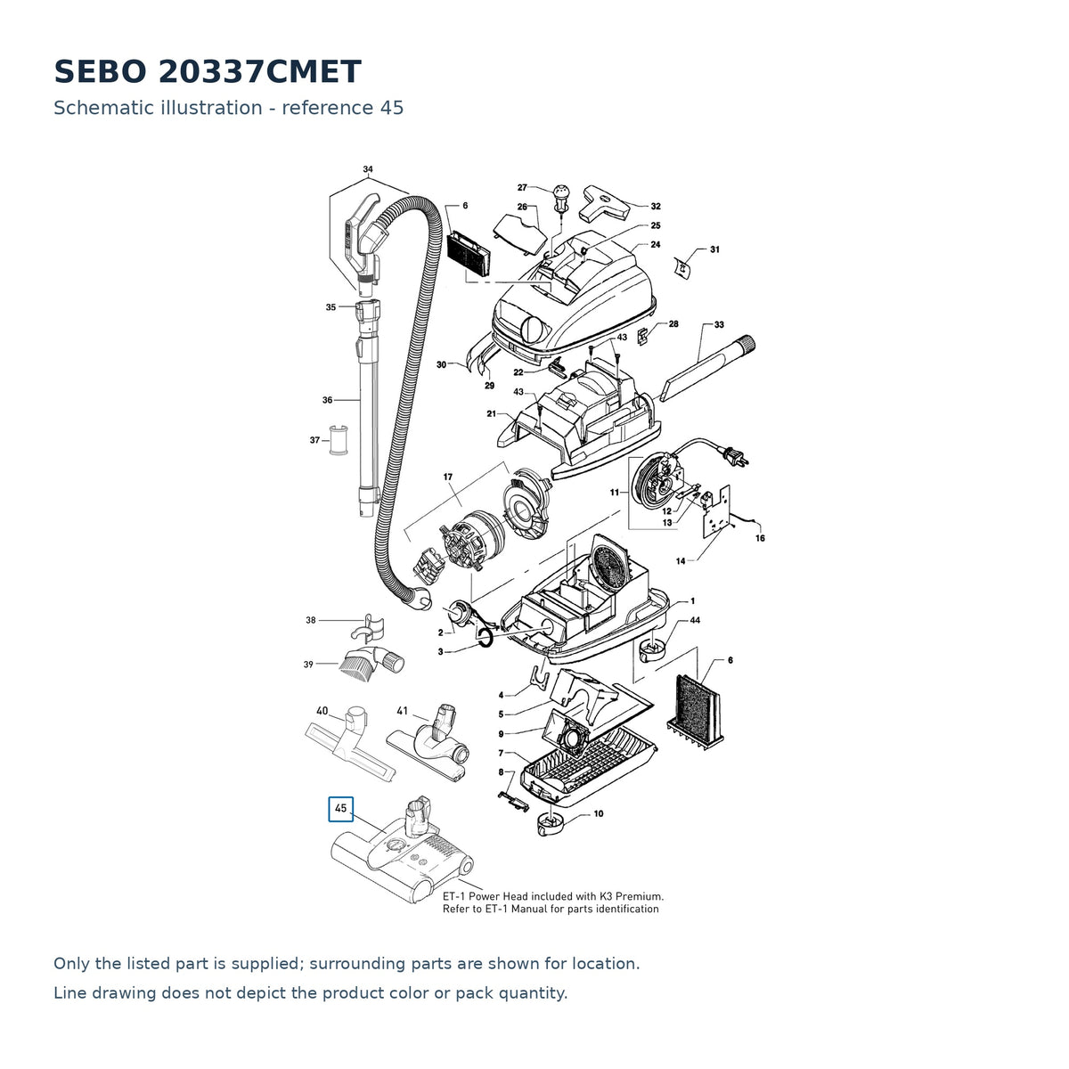 SEBO 20337CMET schematic illustration; reference 45; only the listed part supplied