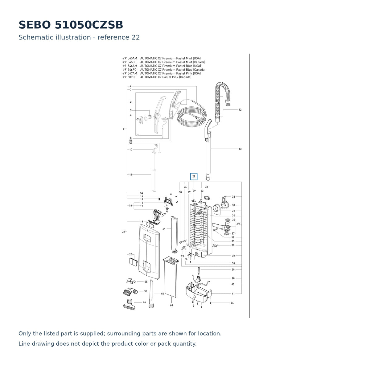 SEBO 51050CZSB schematic illustration; reference 22; only the listed part supplied