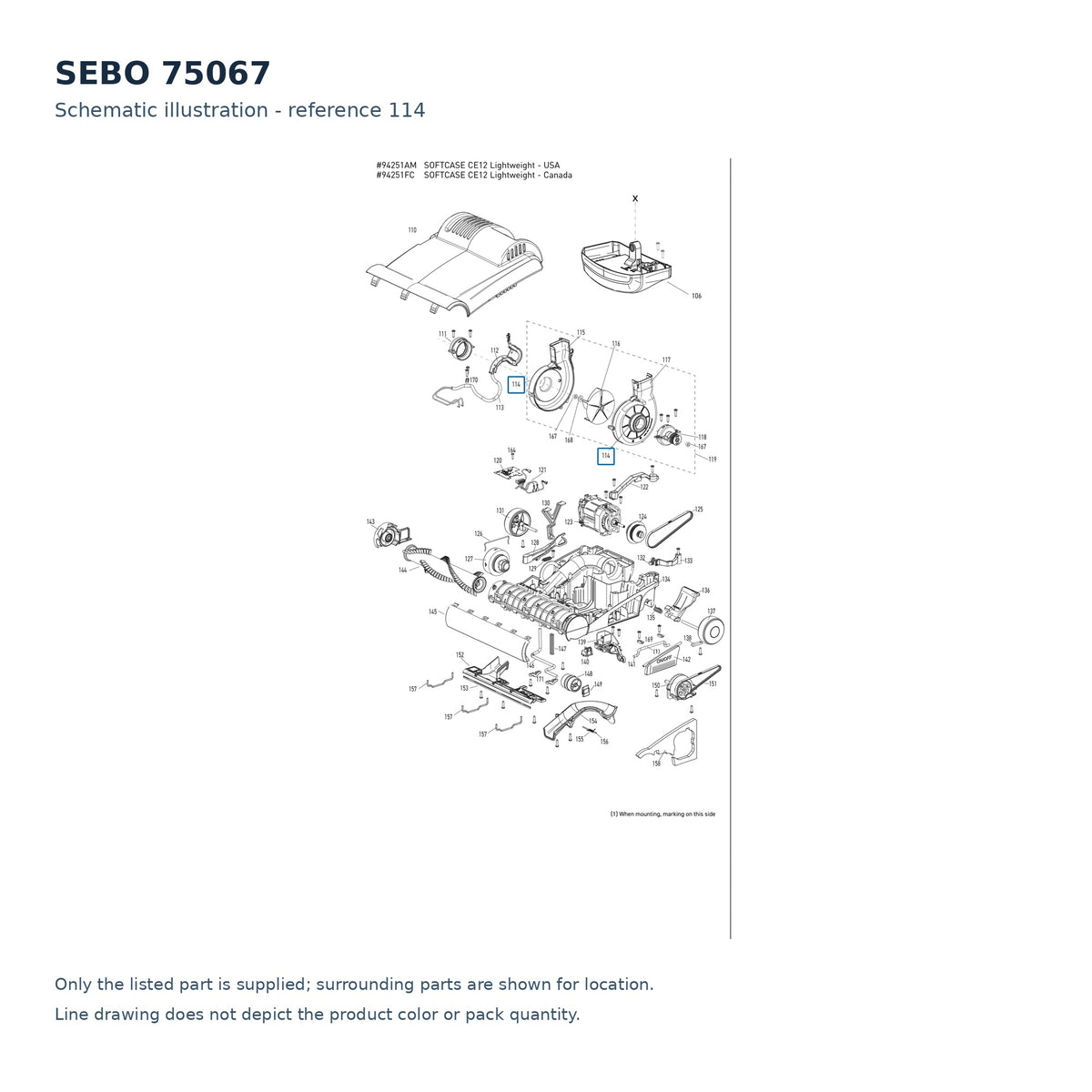SEBO 75067 schematic illustration; reference 114; only the listed part supplied