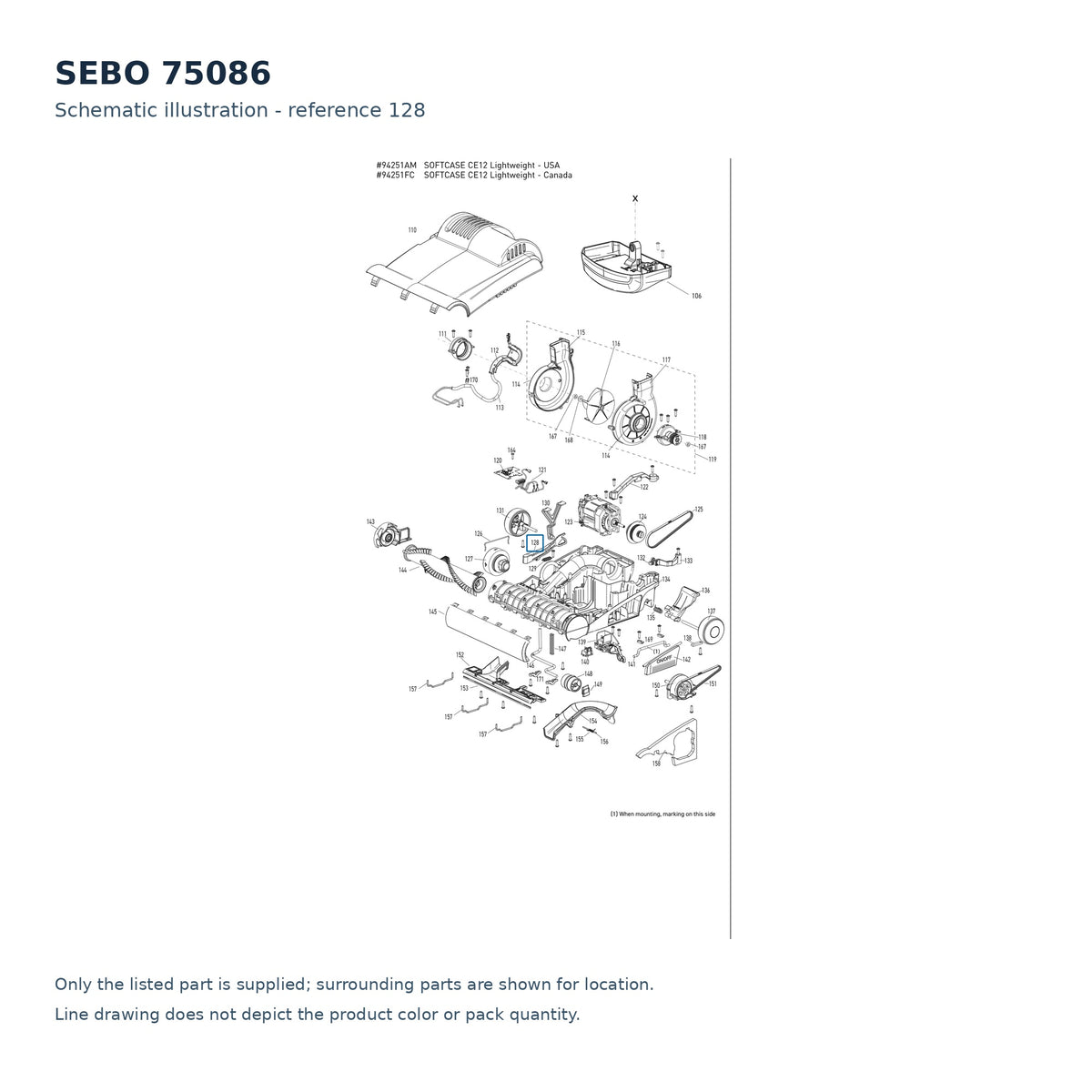 SEBO 75086 schematic illustration; reference 128; only the listed part supplied
