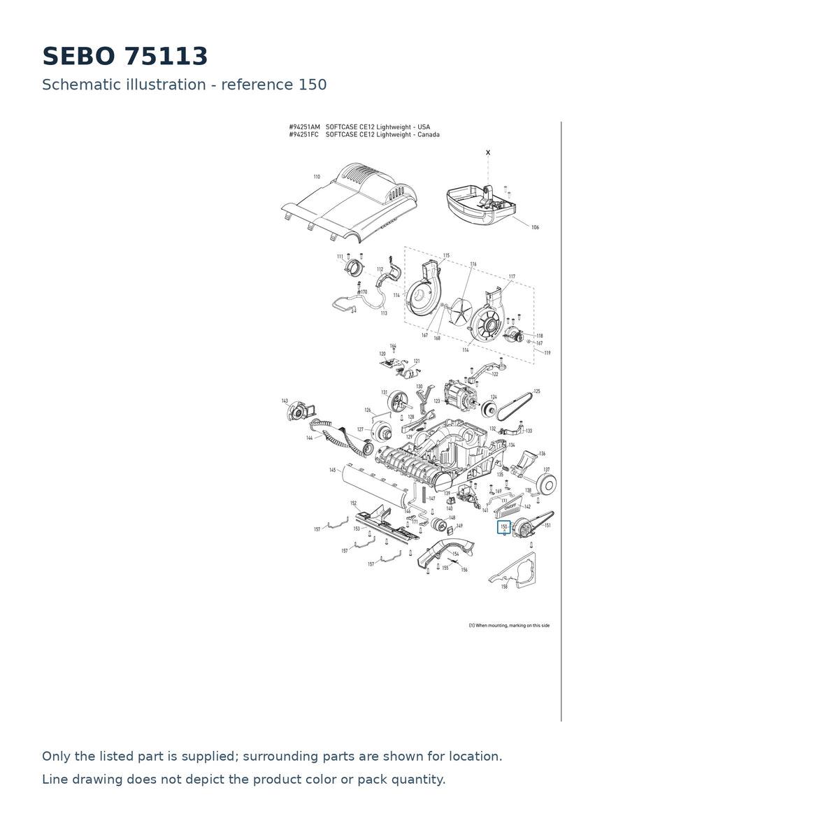 SEBO 75113 schematic illustration; reference 150; only the listed part supplied
