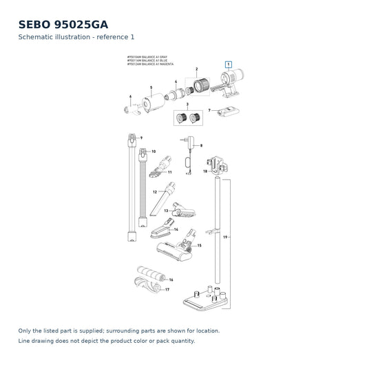 SEBO 95025GA schematic illustration; reference 1; only the listed part supplied