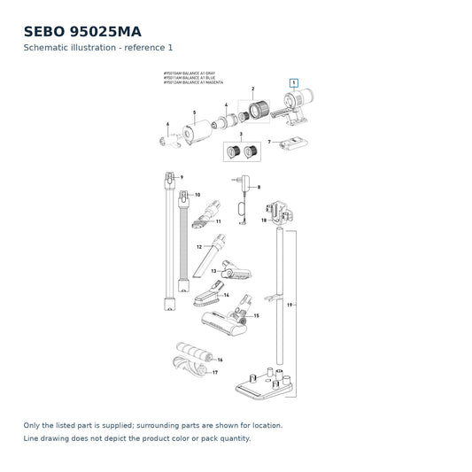 SEBO 95025MA schematic illustration; reference 1; only the listed part supplied