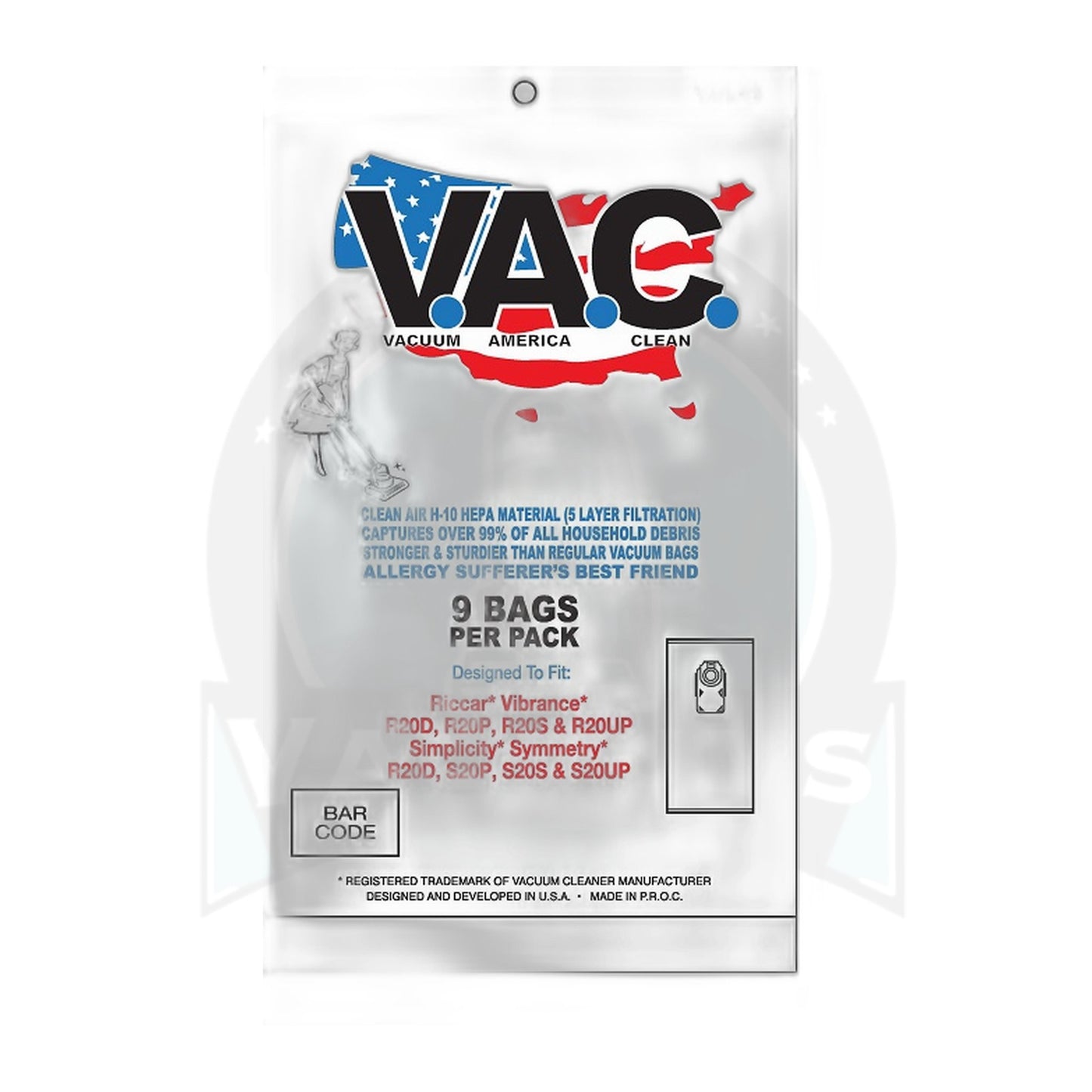 Perfect V.A.C. Type R20 HEPA Bags for Riccar Vibrance & Simplicity Symmetry, 9-Pack